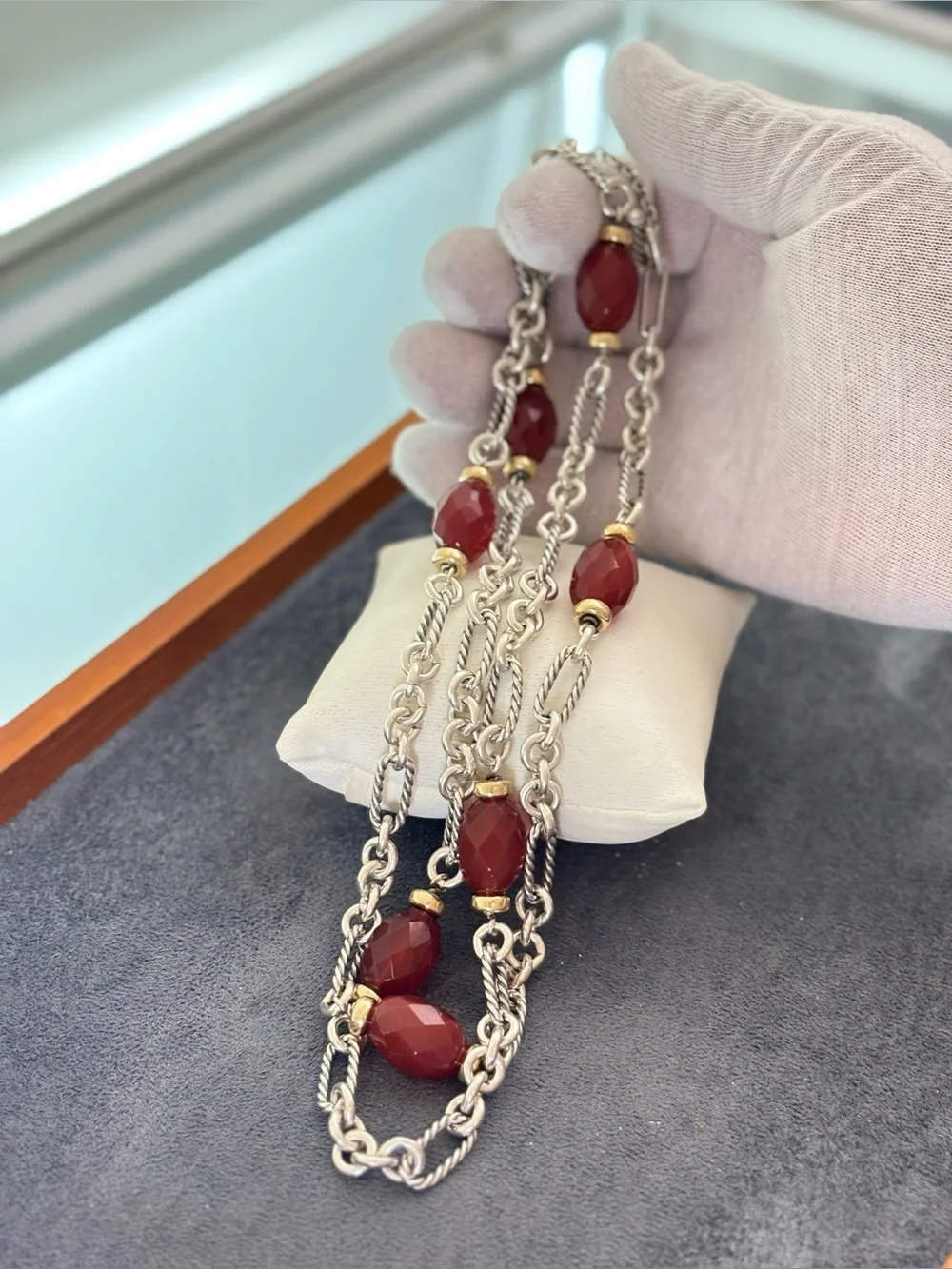 David Yurman 925 & 18k Gold Bijoux Station Necklace with Carnelian 34